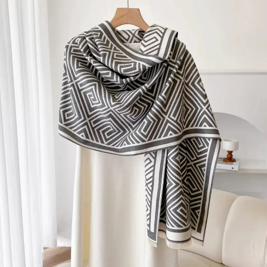 Women's reversible geometric maze knit shawl in soft premium wrap with dual-sided modern pattern