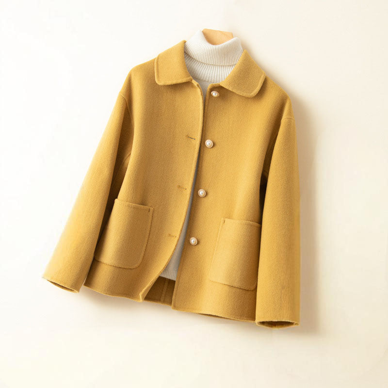 Women's lightweight cashmere jacket, neutral tone, hand-woven knit with spread collar button-front