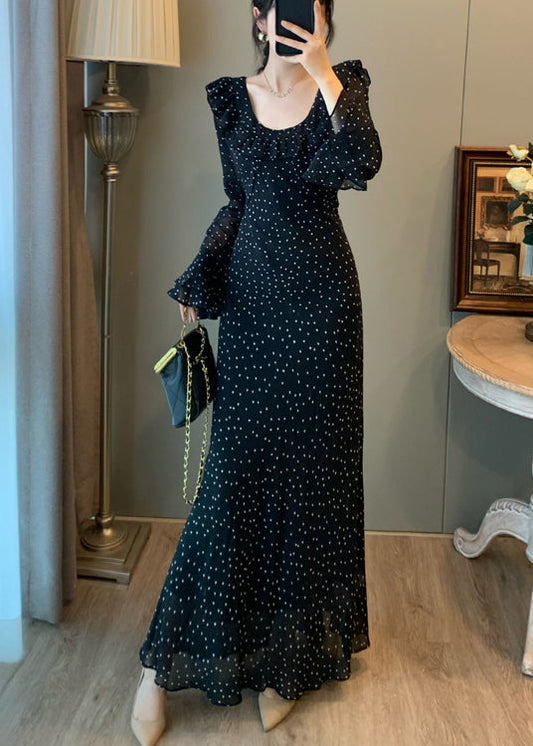 Robe moulante noire en mousseline imprimée à col en U et manches évasées - Urbann-Vibe