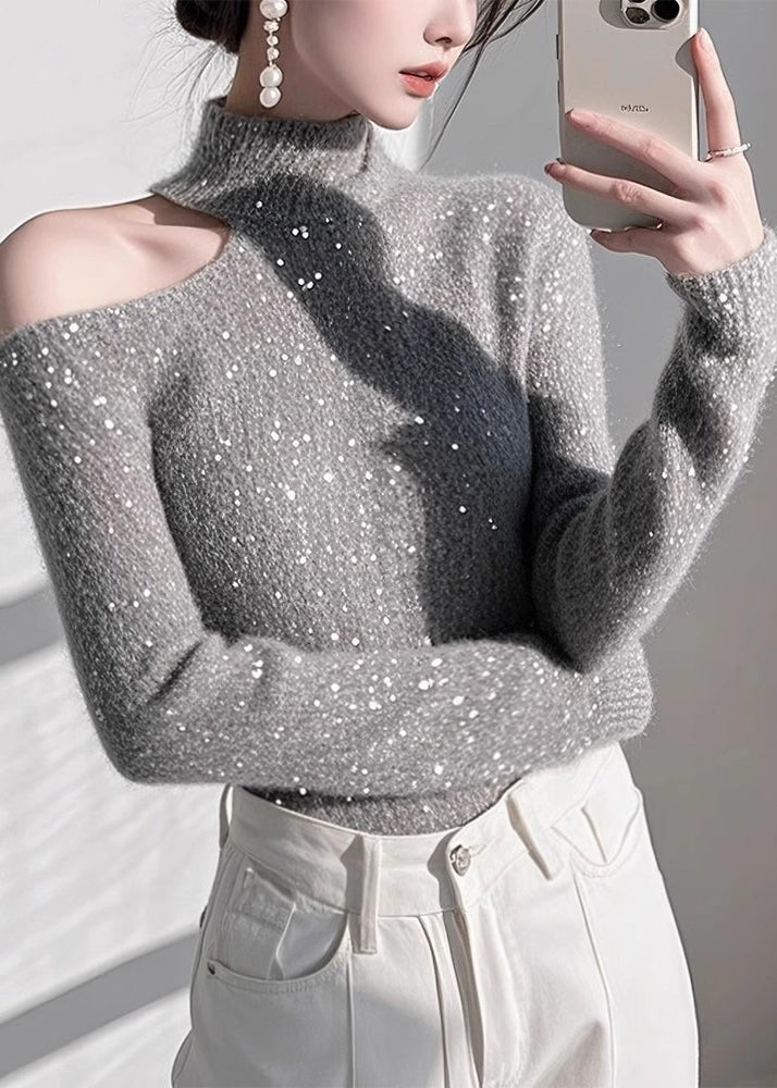 Pulls en tricot gris ajustés à épaules dénudées et paillettes, printemps - Urbann-Vibe