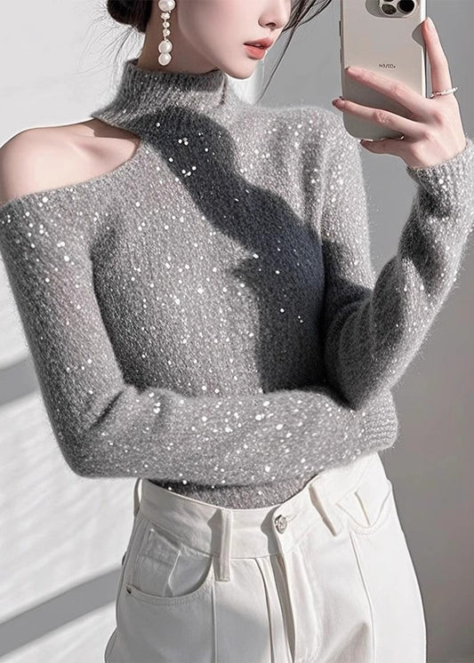 Pulls en tricot gris ajustés à épaules dénudées et paillettes, printemps - Urbann-Vibe