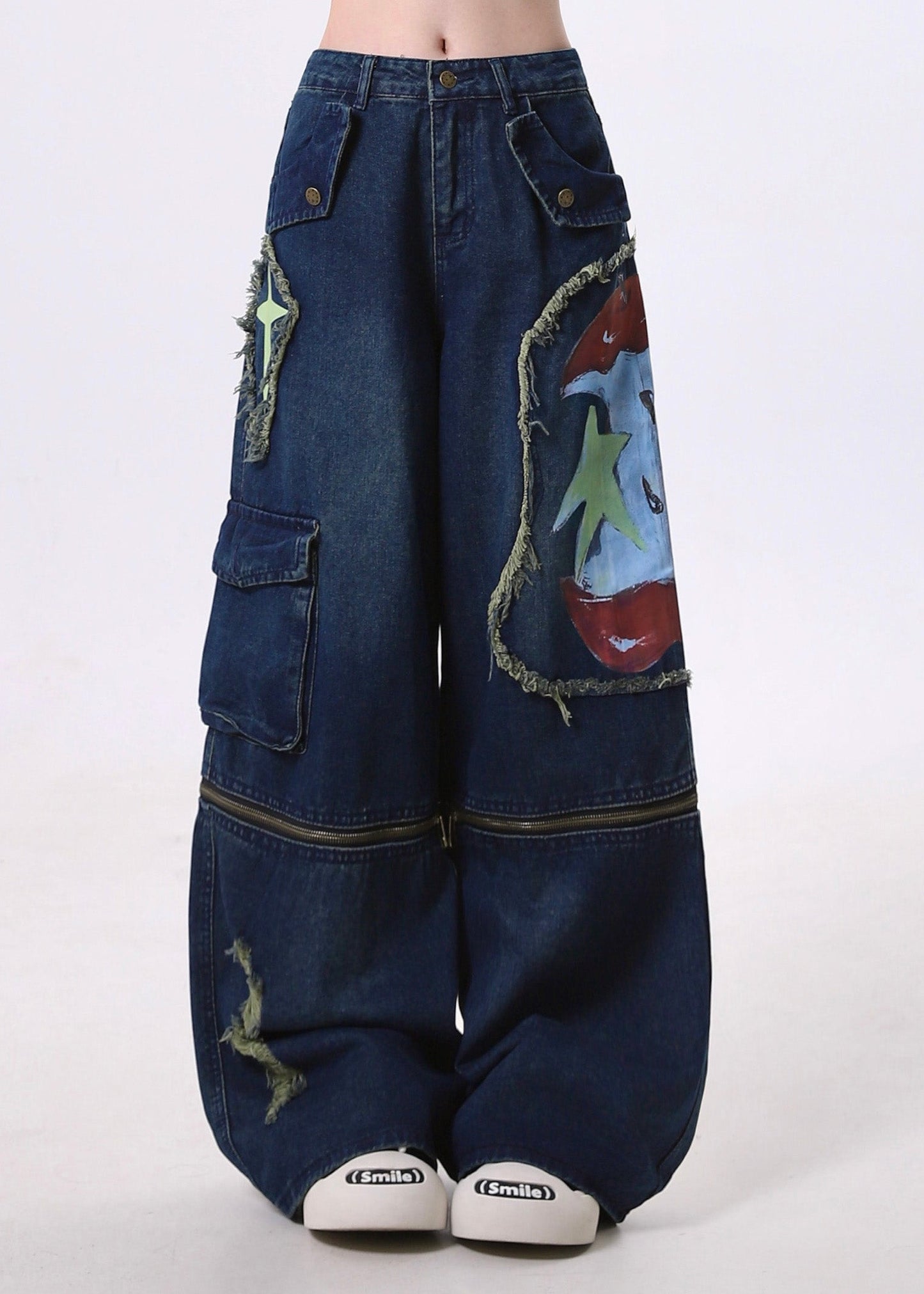 Pantalon en denim bleu marine ajusté, patchwork, déchiré des deux côtés, printemps - Urbann-Vibe