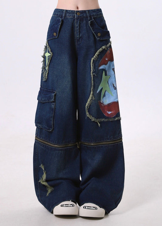 Pantalon en denim bleu marine ajusté, patchwork, déchiré des deux côtés, printemps - Urbann-Vibe