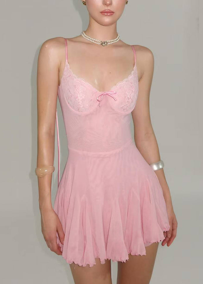 Mini-robes d'été en tulle rose, ajustées, dos nu, à lacets et patchwork - Urbann-Vibe