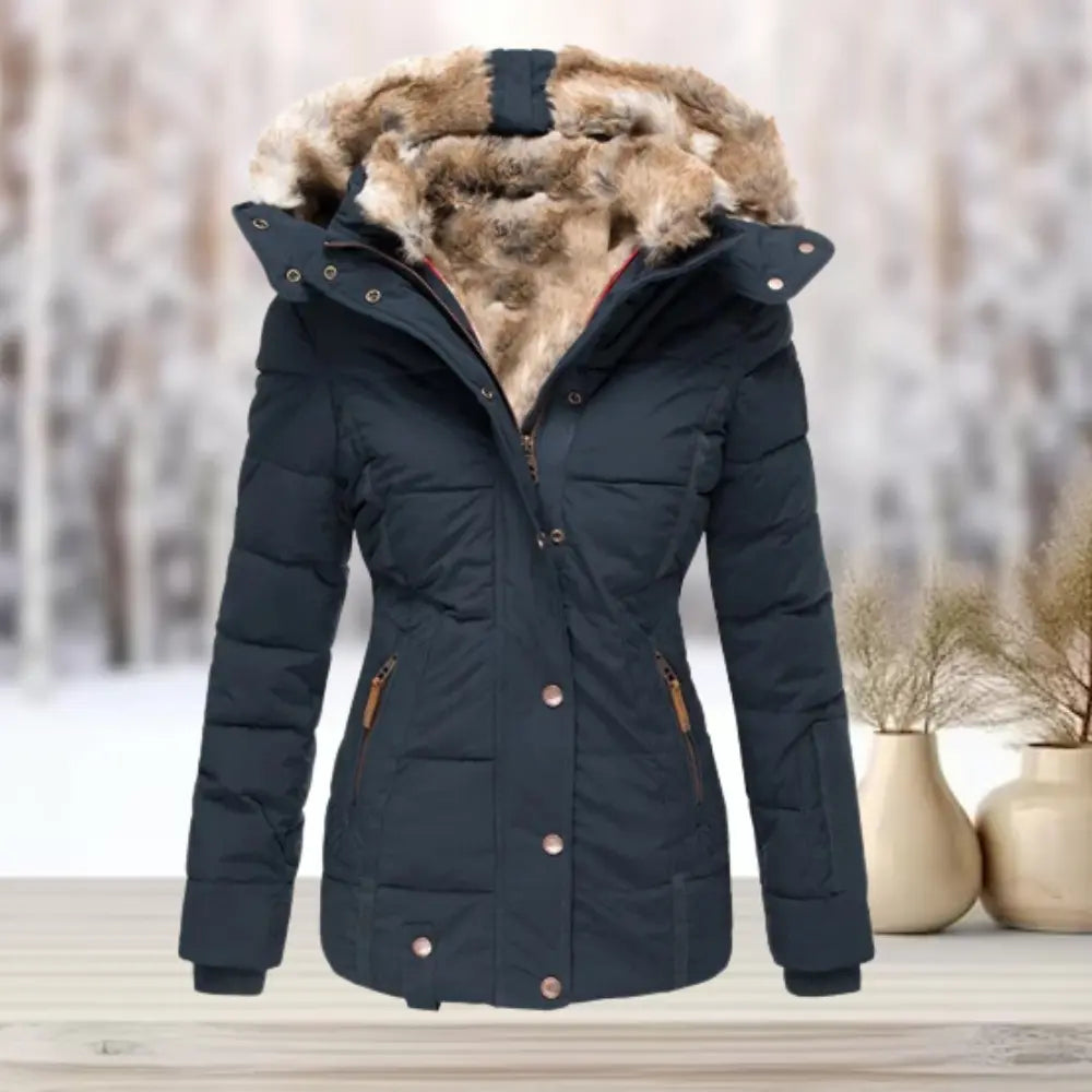 Women's fitted down puffer jacket lightweight winter coat with plush faux fur lining stylish silhouette