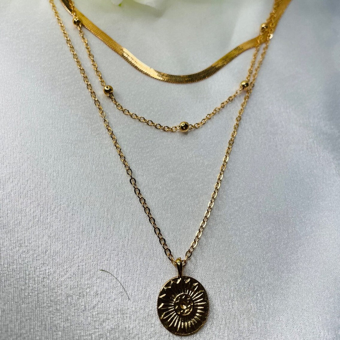 Ella 18K gold plated layered necklace set, three-piece cascading design for everyday elegance