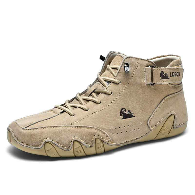 Men's high top white leather sneakers with lace-up and velcro dual closure, sporty urban silhouette