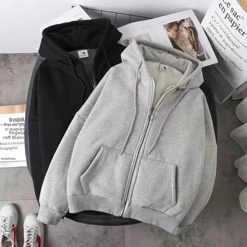 Men's fleece-lined hooded cardigan, velvet-feel fabric, cozy winter outdoor layering piece