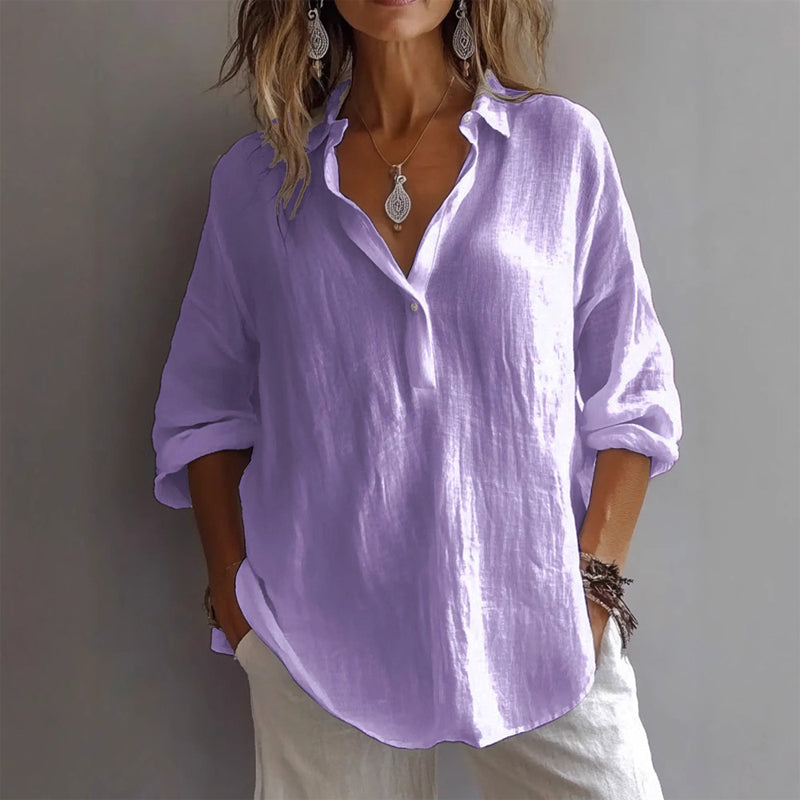 Women's relaxed linen shirt in airy neutral tones with soft-washed finish and effortless casual fit