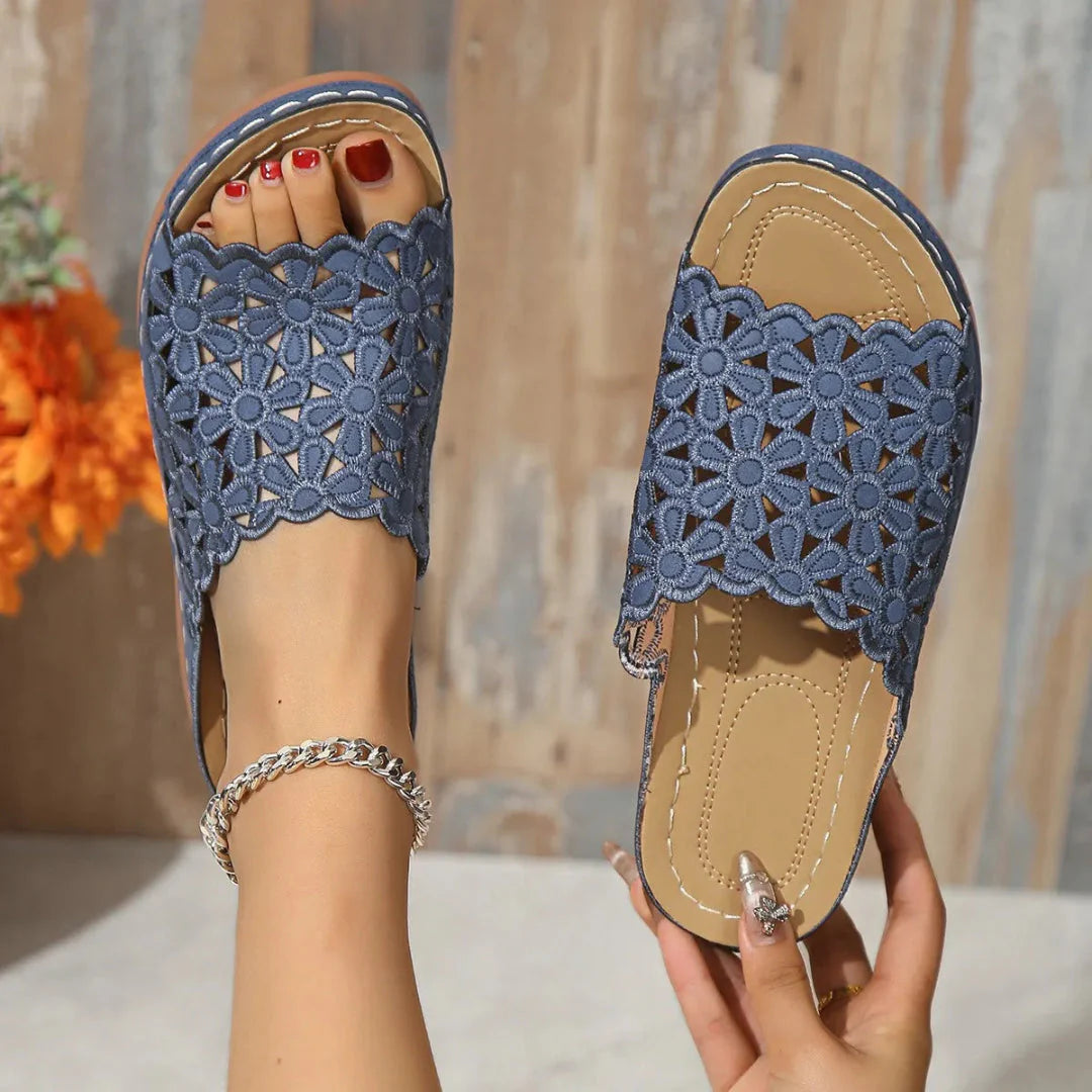 Women's floral cutout low heel slip-on sandals with breathable knitted flower pattern in neutral tones