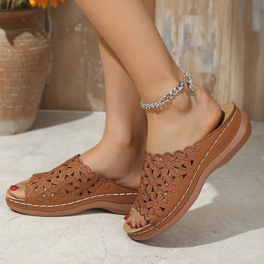 Women's floral cutout low heel slip-on sandals with breathable knitted flower pattern in neutral tones