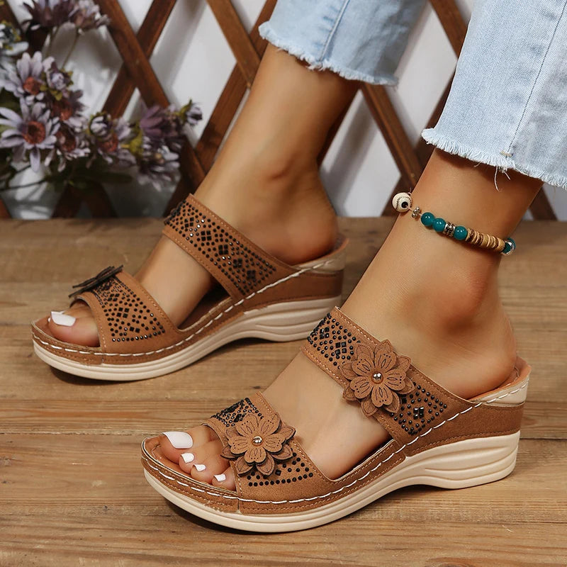 Women's floral accent wedge sandals with double straps, comfortable heel, feminine summer style