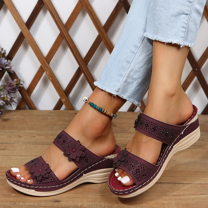 Women's floral accent wedge sandals with double straps, comfortable heel, feminine summer style