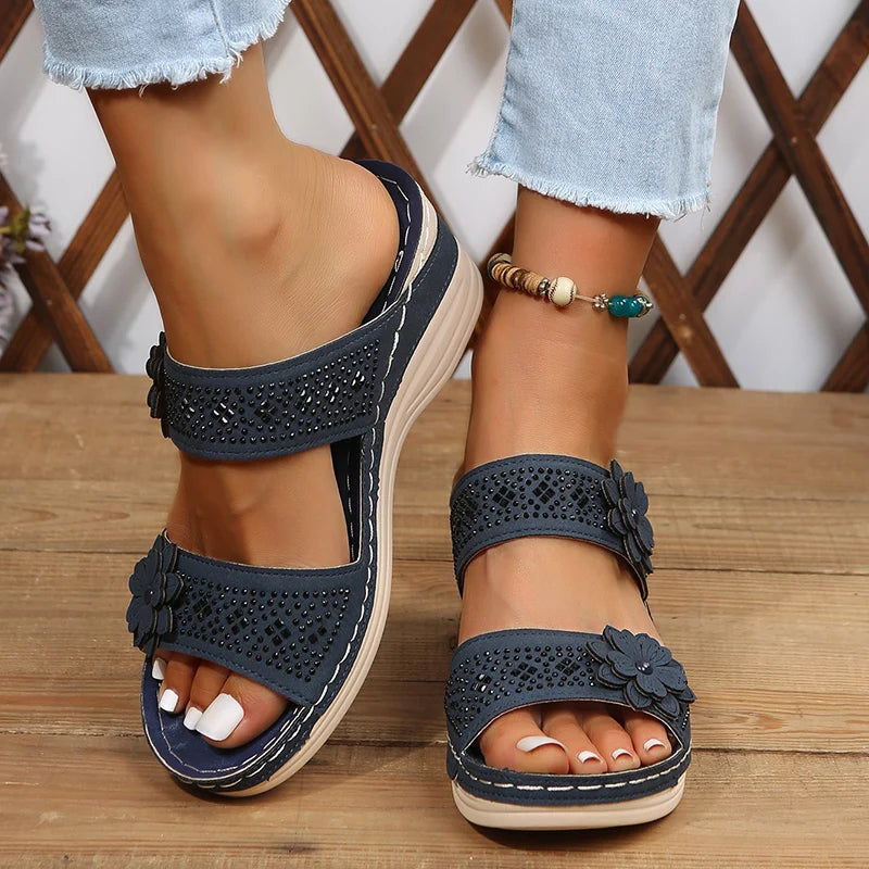 Women's floral accent wedge sandals with double straps and comfortable heel for summer style