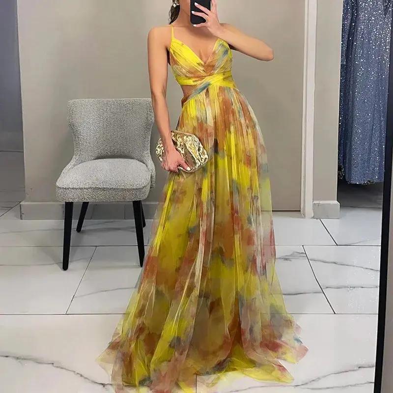 Women's floral maxi dress chiffon pastel watercolor print elegant A-line silhouette for garden party
