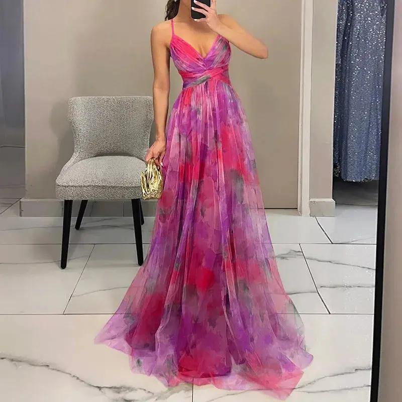 Women's floral chiffon maxi dress pastel watercolor print lightweight elegant wedding guest gown