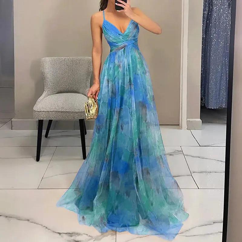 Women's floral chiffon maxi dress pastel watercolor print elegant lightweight airy silhouette garden party