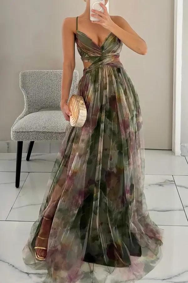Women's floral chiffon maxi dress pastel watercolor print lightweight elegant garden party gown
