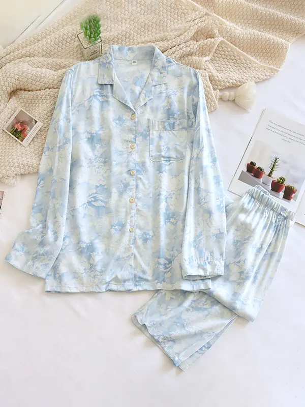 Women's floral two-piece pajama set elegant loungewear with classic collar and matching trousers