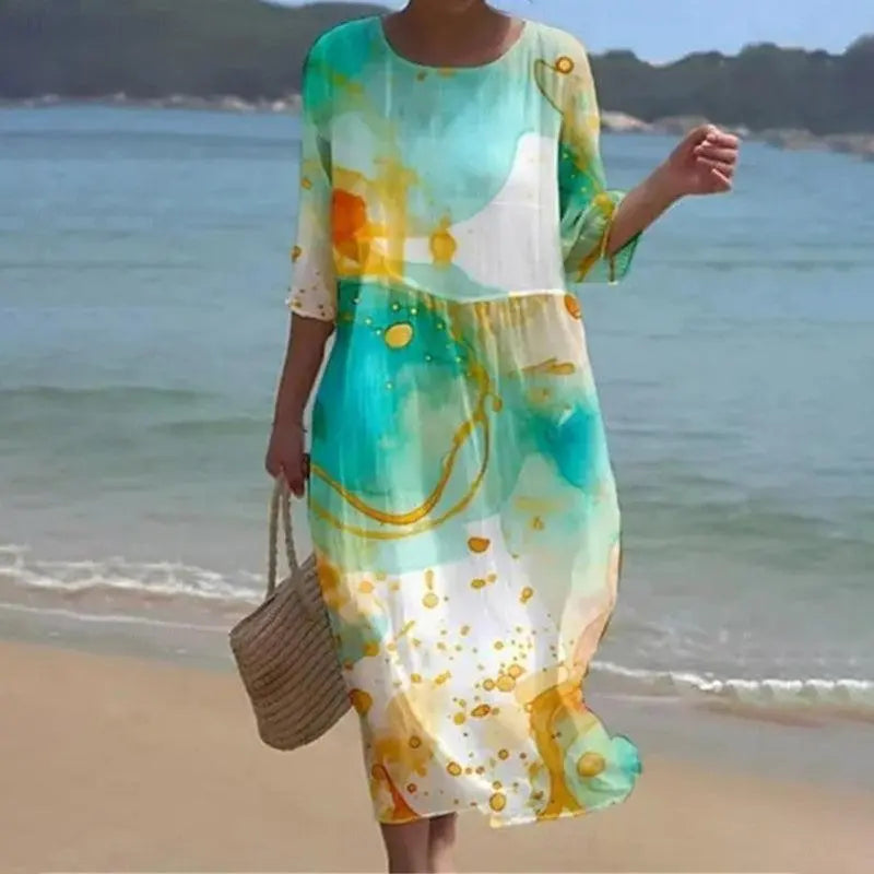 Women's floral A-line knee-length dress in blue pink green soft pattern versatile elegant fit