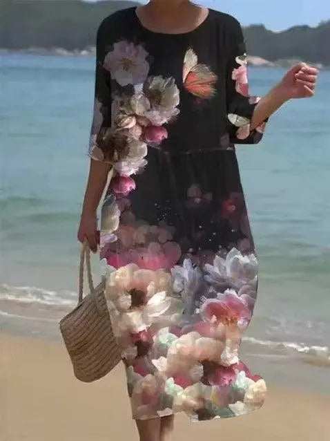 Women's floral A-line knee-length dress in blue pink green soft pattern elegant versatile fit