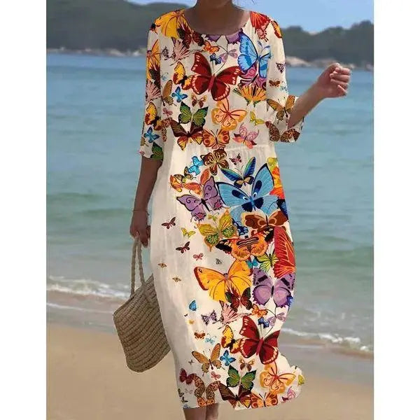 Women's floral A-line knee-length dress in blue pink green soft pattern versatile casual formal