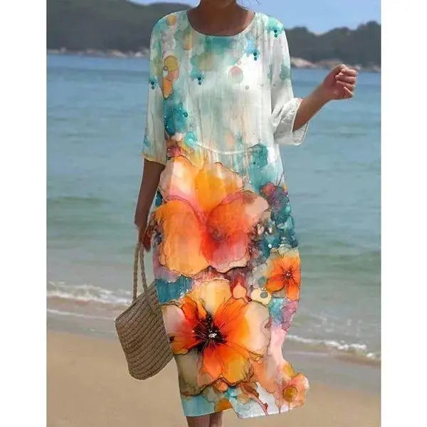 Women's blue pink green floral A-line knee-length dress with soft pattern and flattering silhouette