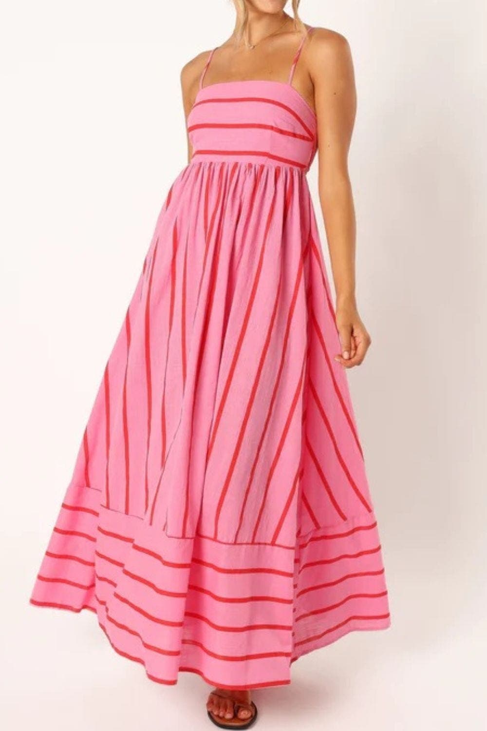 Striped strappy maxi dress for women with gathered waist and breezy draped fit for summer