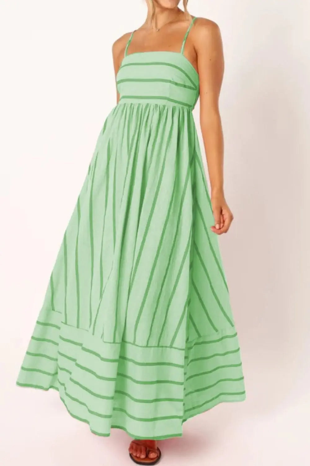 Striped strappy maxi dress for women with breezy draped fit and gathered waist for summer
