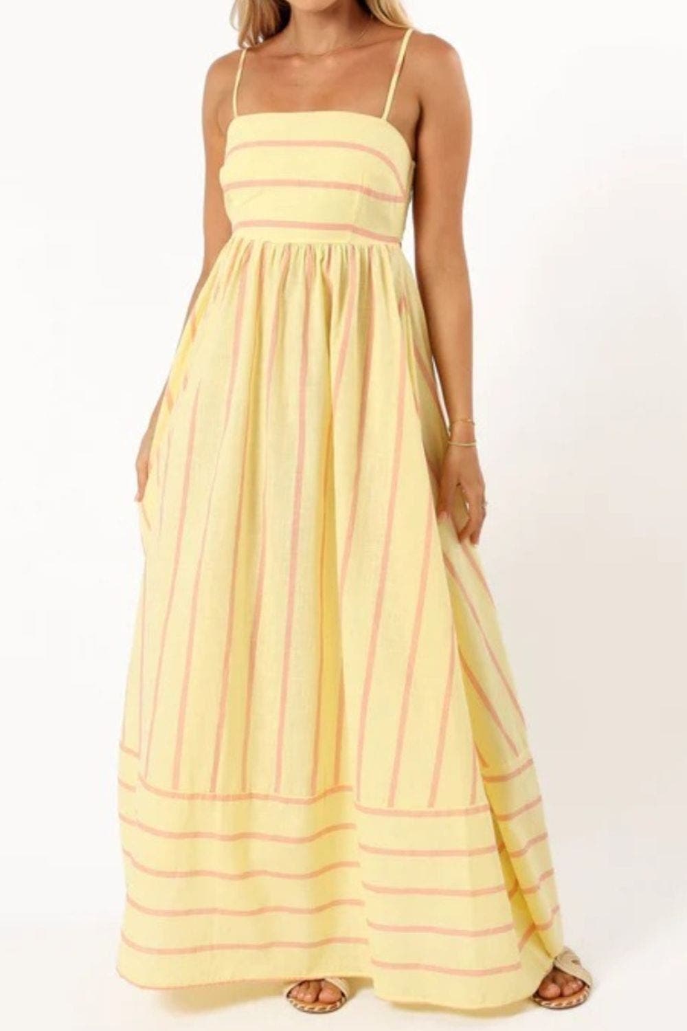 Striped strappy maxi dress for women with gathered waist and breezy draped fit for summer