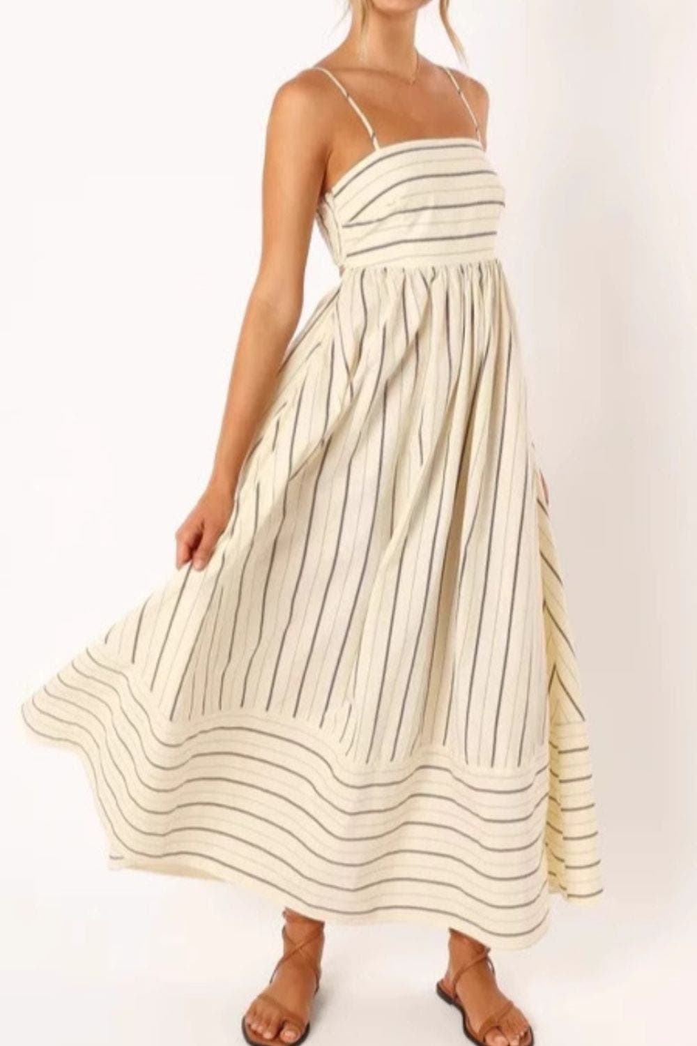 Women's striped strappy maxi dress with breezy draped fit and gathered waist for summer evenings
