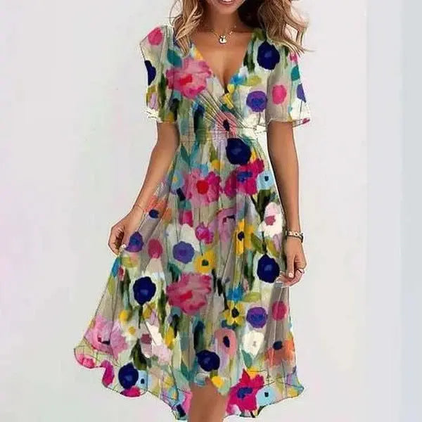 Women's floral midi dress in blue pink green flowing fit with flattering silhouette for summer