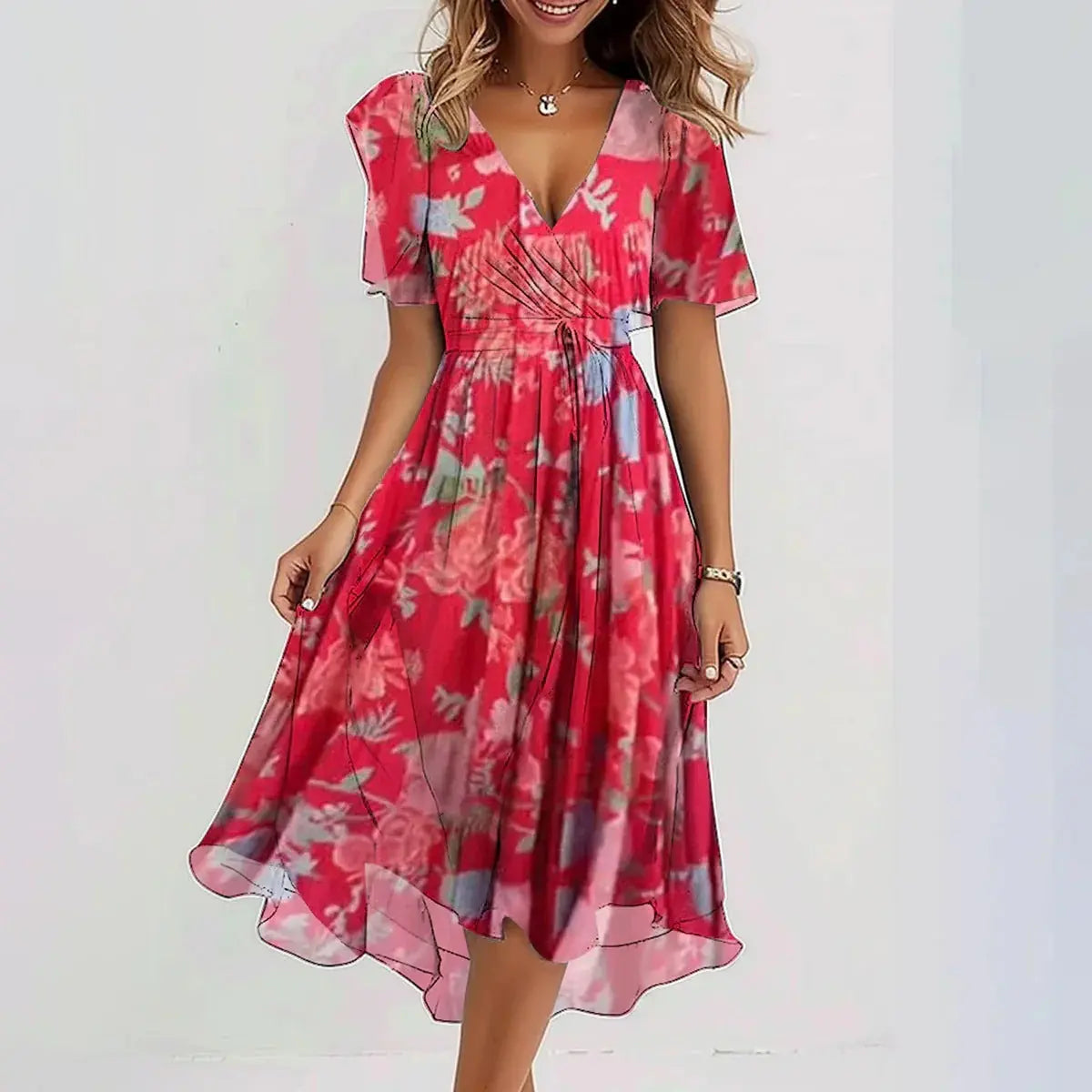 Women's floral midi dress in blue pink green flowing fit lightweight polyester for summer events