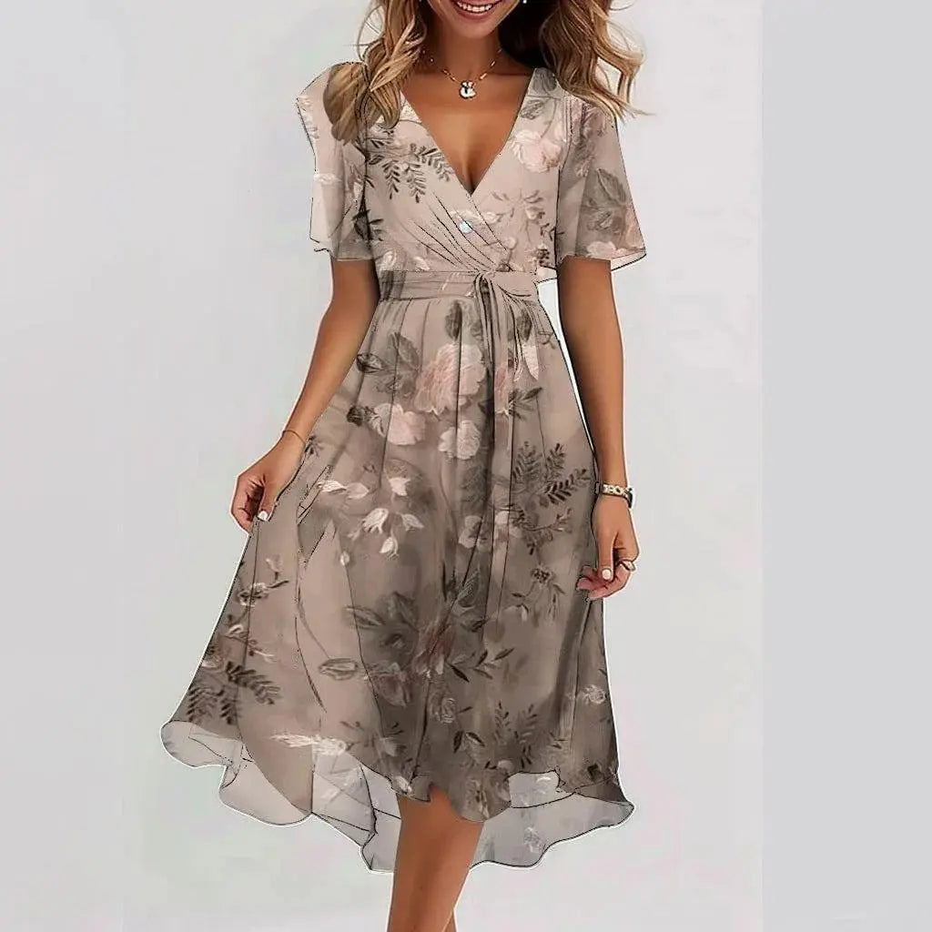 Women's floral midi dress in blue pink green flowing fit lightweight polyester summer elegance