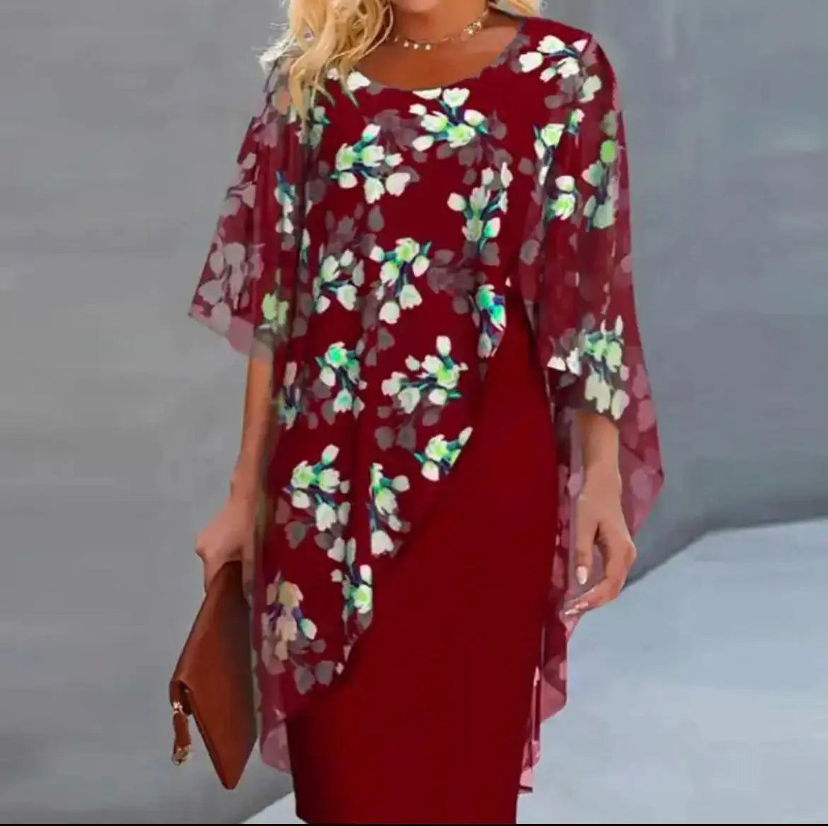 Women's floral overlay sheath dress with flowing floral layer, elegant fitted silhouette for wedding guest