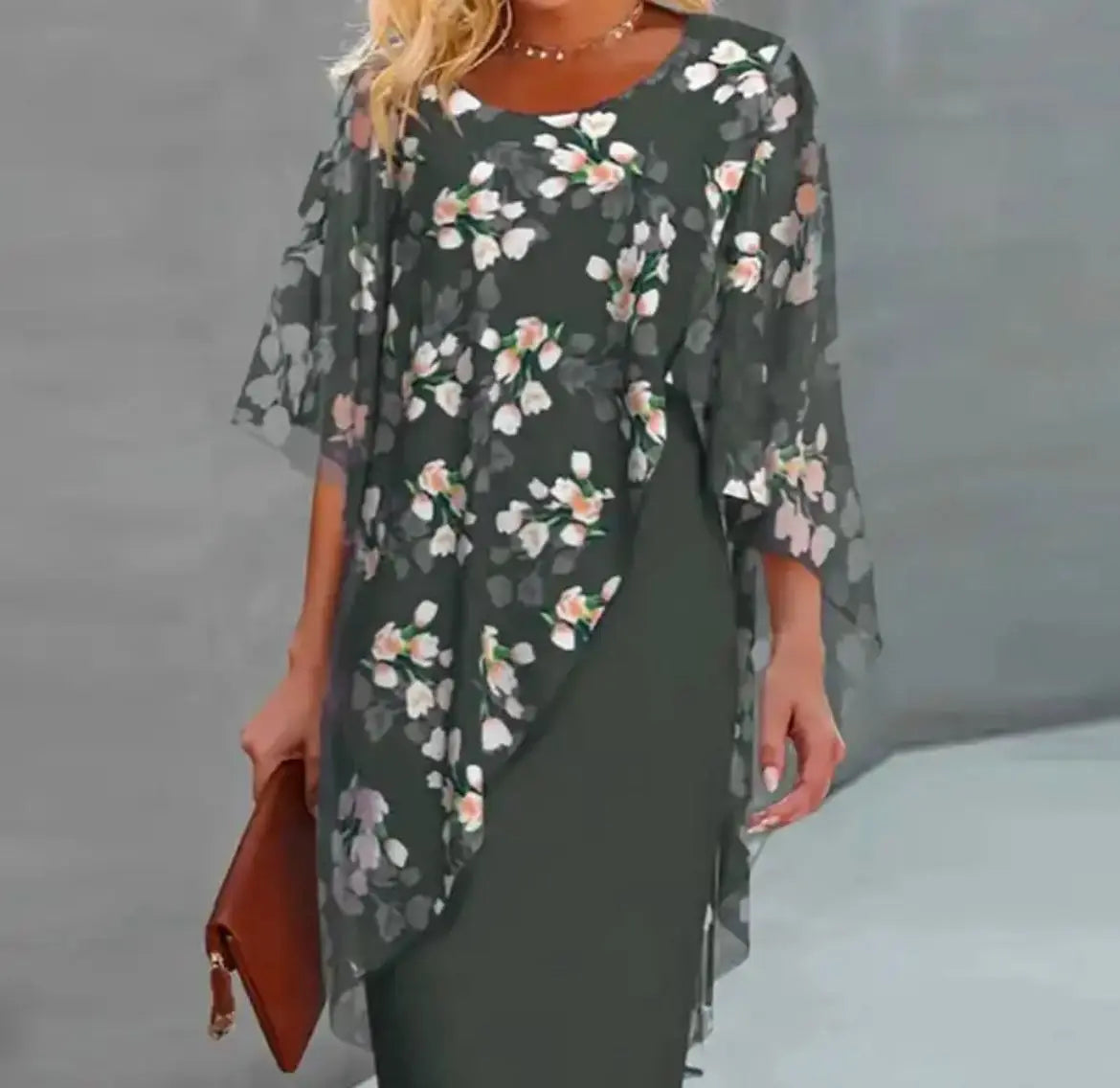 Women's floral overlay sheath dress with flowing romantic layer, elegant wedding guest attire