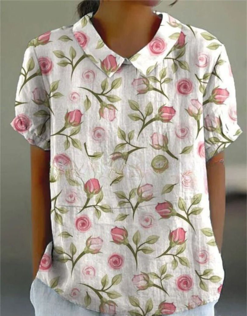 Women's white collared short sleeve blouse relaxed fit gathered sleeves curved hem office casual
