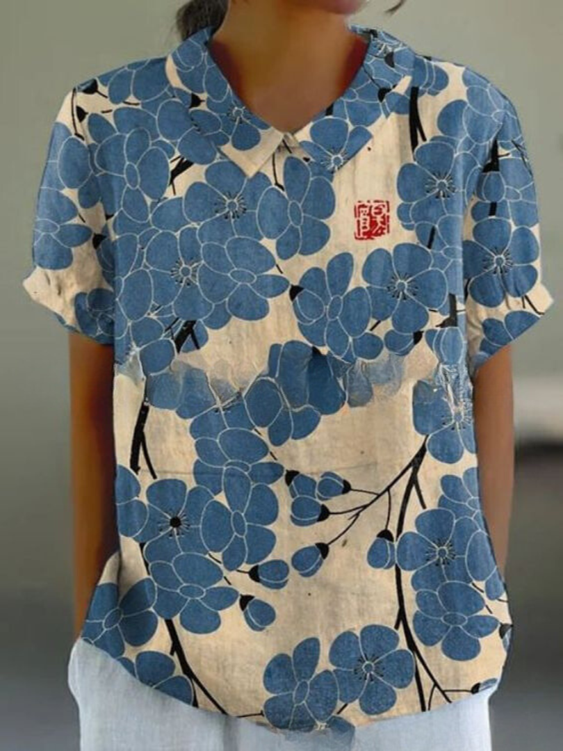 Women's loose-fit floral print blouse, lightweight breathable fabric in soft feminine colors