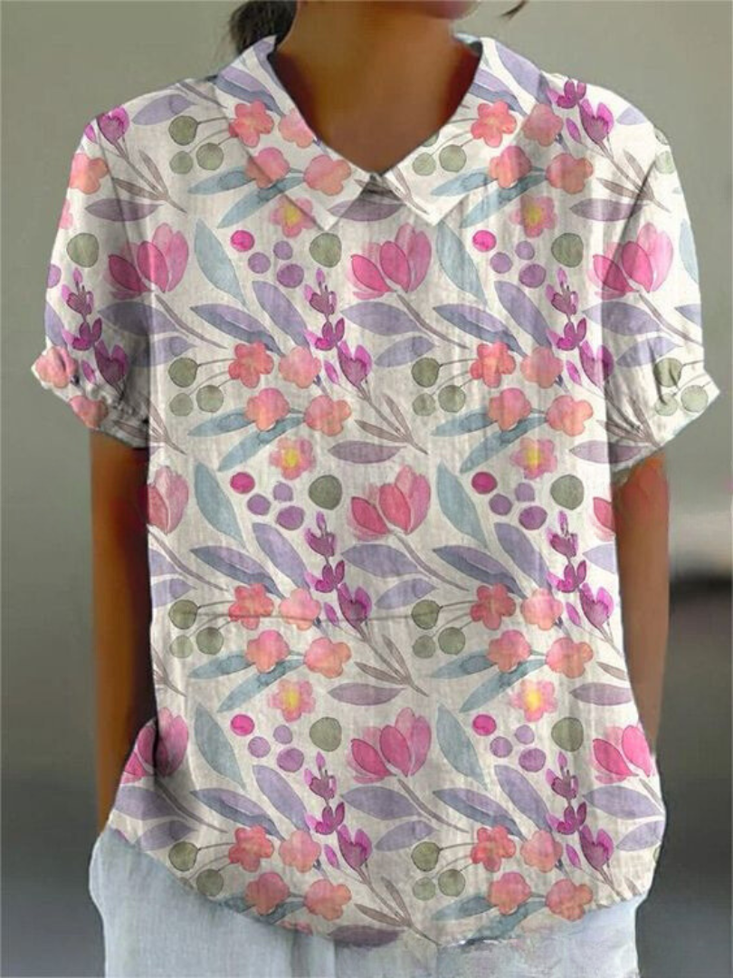 Women's white collared short sleeve blouse relaxed fit gathered sleeves curved hem office ready