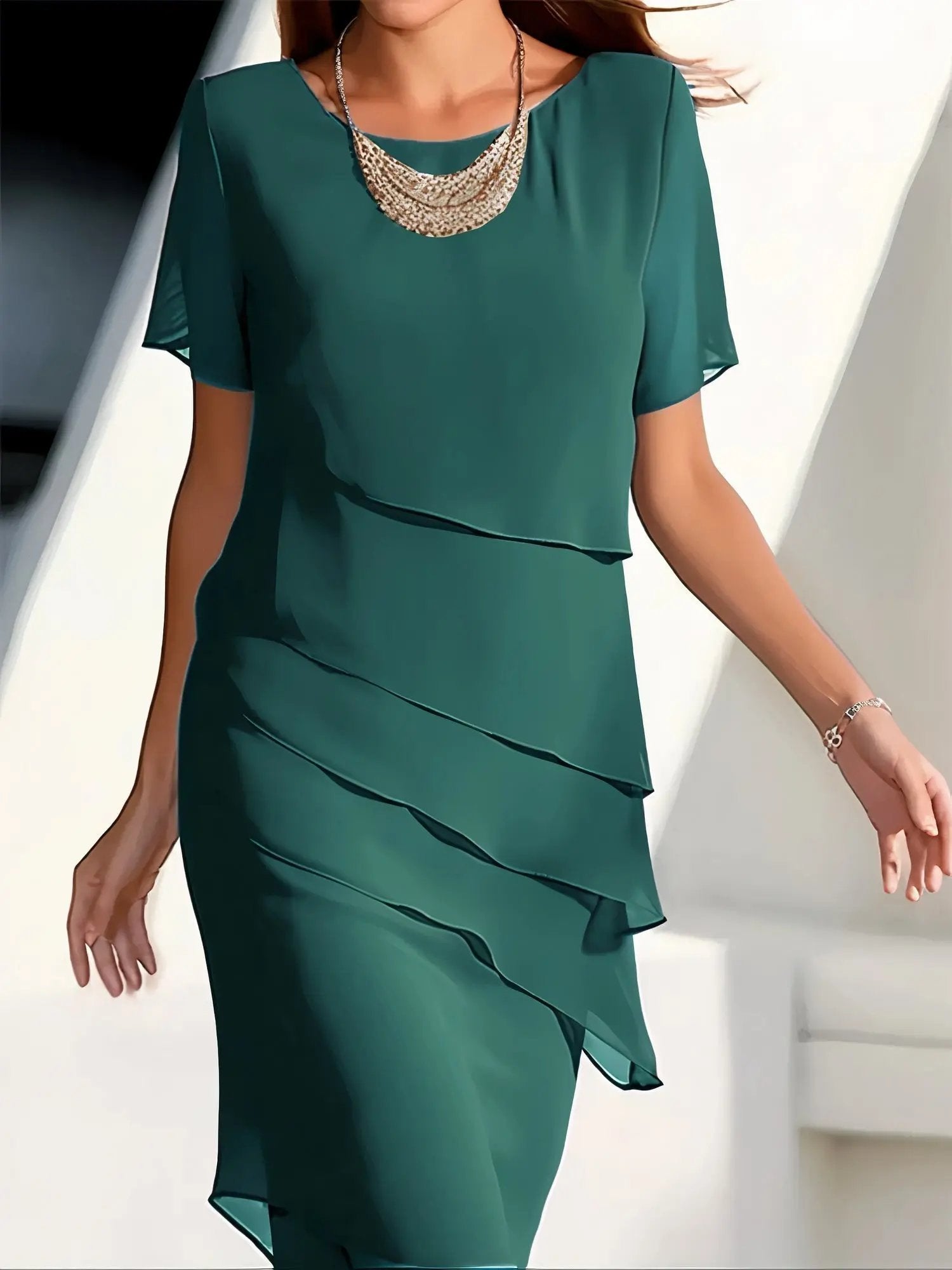 Women's tiered chiffon dress flowing silhouette elegant wedding guest summer style lightweight