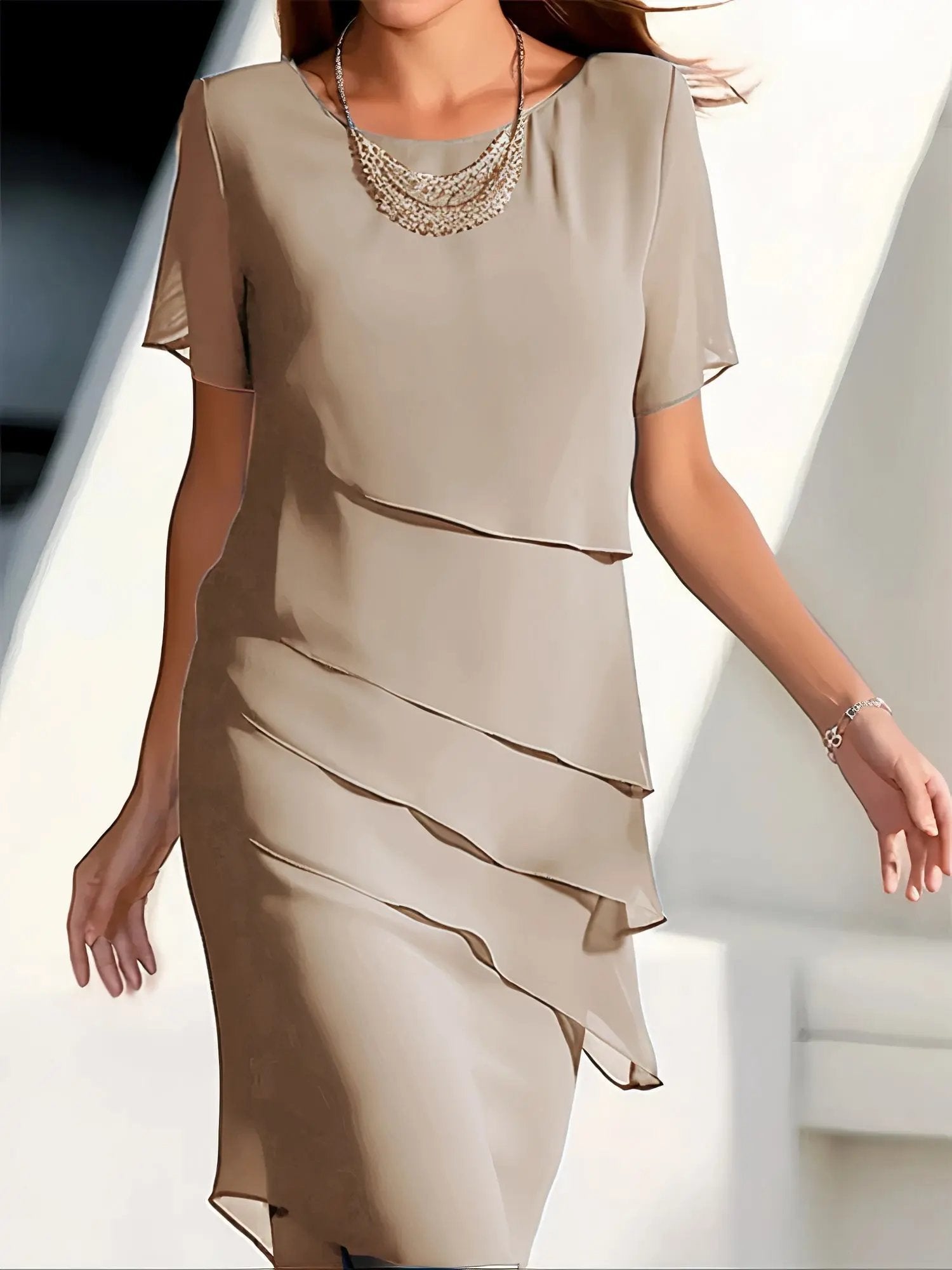Women's tiered chiffon dress flowing silhouette elegant lightweight layers wedding guest summer style