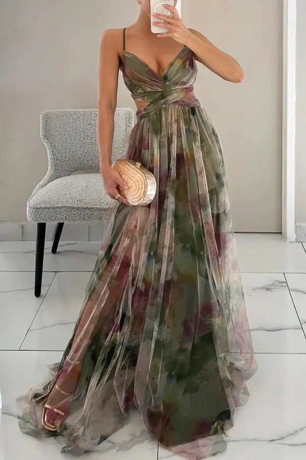 Women's flowing maxi dress with painterly multicolor hues, whimsical elegant silhouette, airy layered skirt