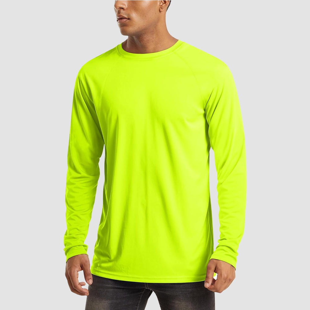 Men's light blue UPF 50+ quick-dry hiking shirt with flatlock seams and moisture-wicking fabric