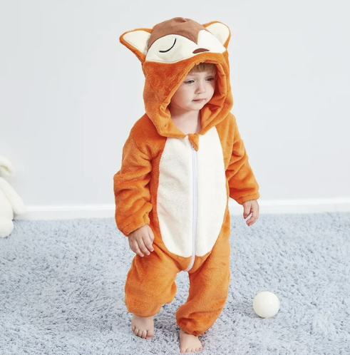 Soft breathable baby hooded animal romper onesie in playful jungle character design for toddlers