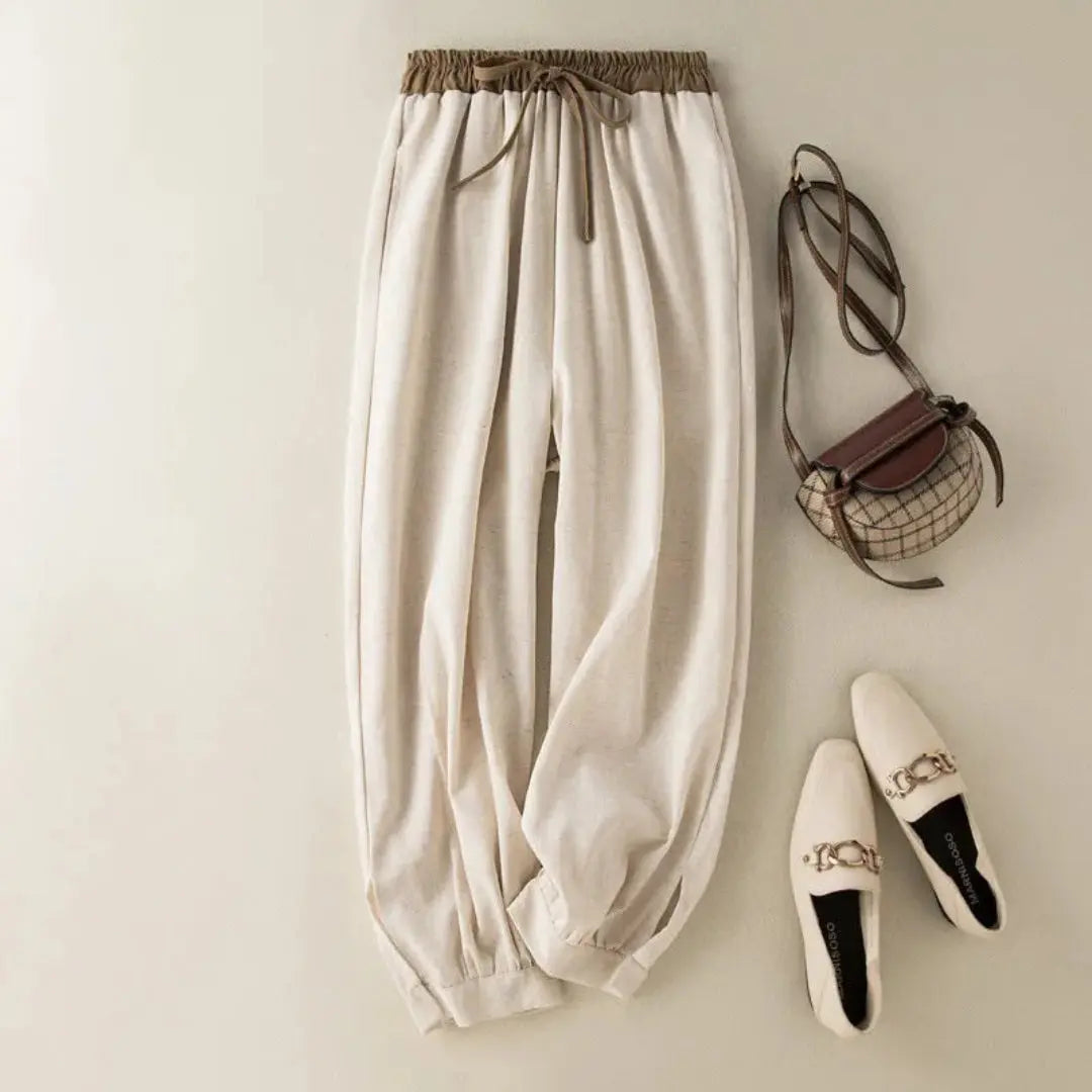 Women's linen blend relaxed fit drawstring trousers with adjustable cuffs, breathable lightweight fabric