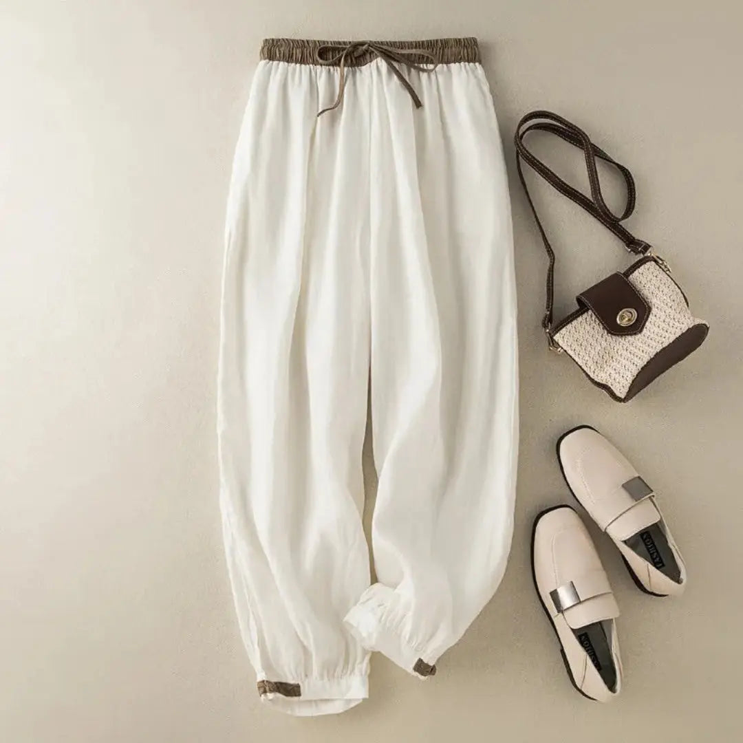 Women's natural linen drawstring trousers relaxed fit with adjustable cuffs breathable lightweight