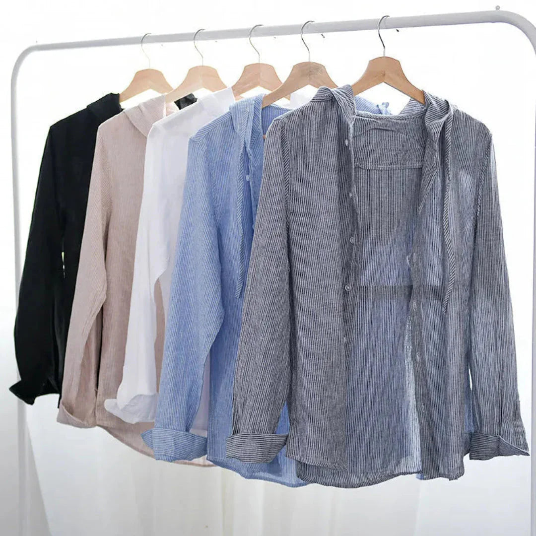 Fran hooded linen shirt with built-in white tee, relaxed casual fit for beach and everyday wear