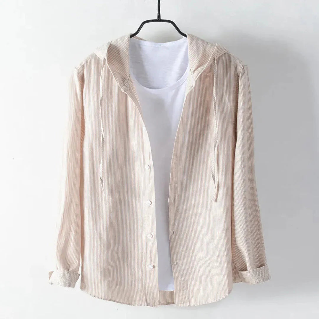 Fran hooded linen shirt with built-in white tee, drawstring hood, relaxed beach casual style
