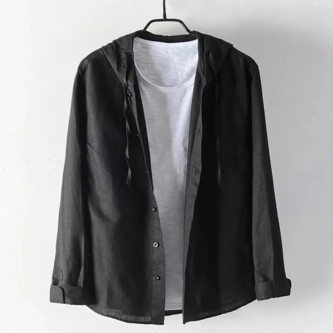 Fran hooded linen shirt with built-in white tee, drawstring hood, relaxed casual beach style