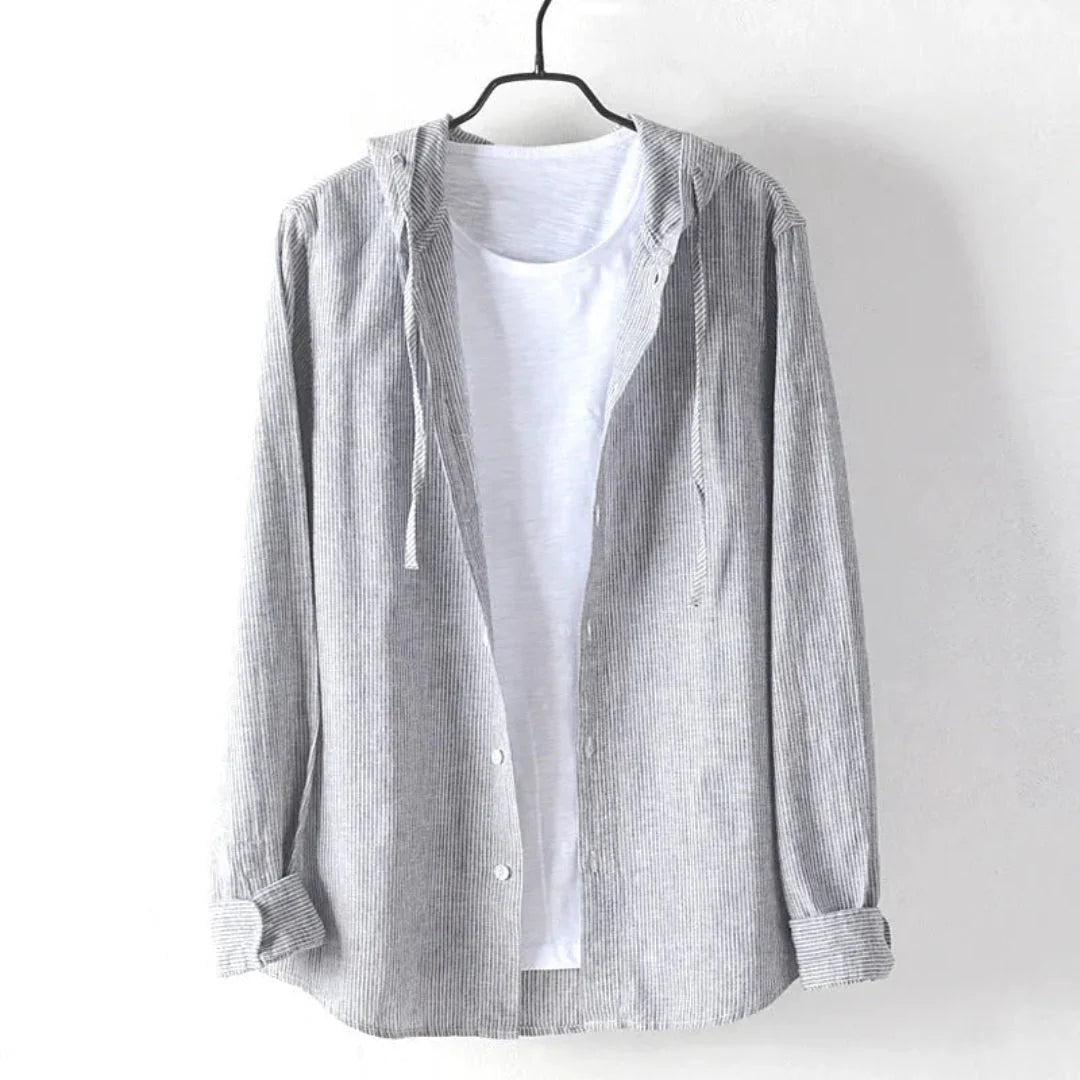 Fran hooded linen shirt with built-in white tee, drawstring hood, relaxed fit for beach and casual wear